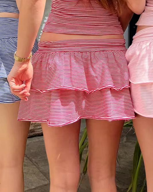 Red Striped Ruffle Mini Skirt
