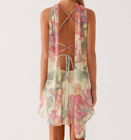 Floral Mini Dress with Scarf